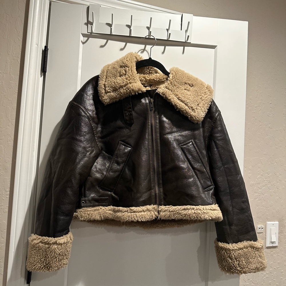 Zara Dark Brown Moto Jacket with Sherpa Trim